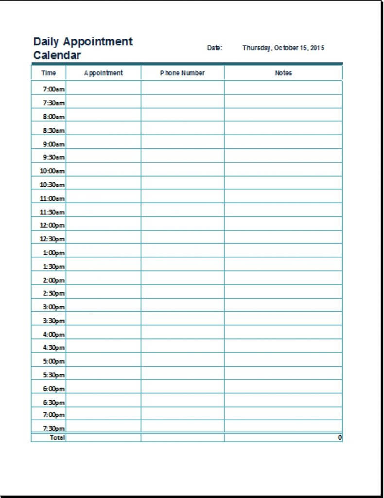 Daily Appointment Calendar Printable Free | Printable Online In Appointment Sheet Template Word