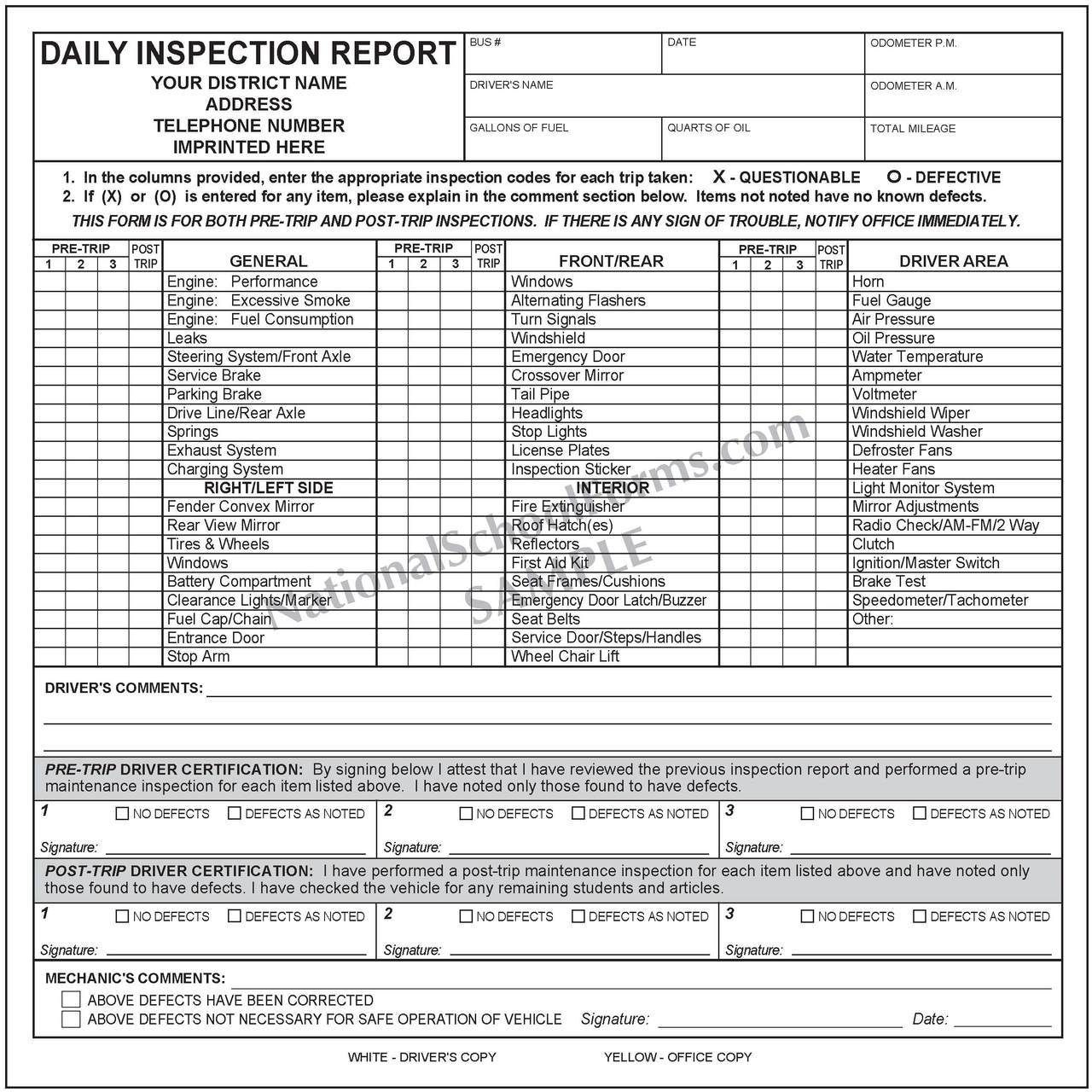 Daily Inspection Report With Pre And Post Trip | Vehicle In Daily Inspection Report Template