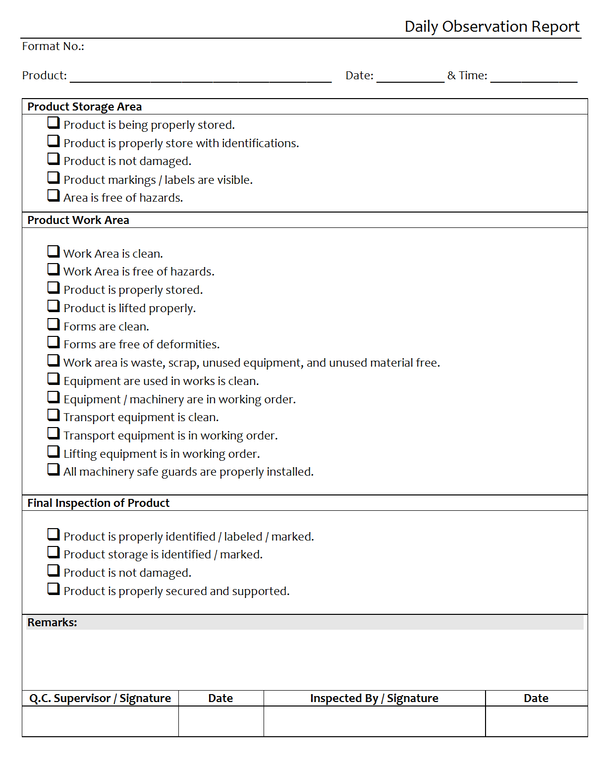 Daily Observation Report – Inside Daily Inspection Report Template