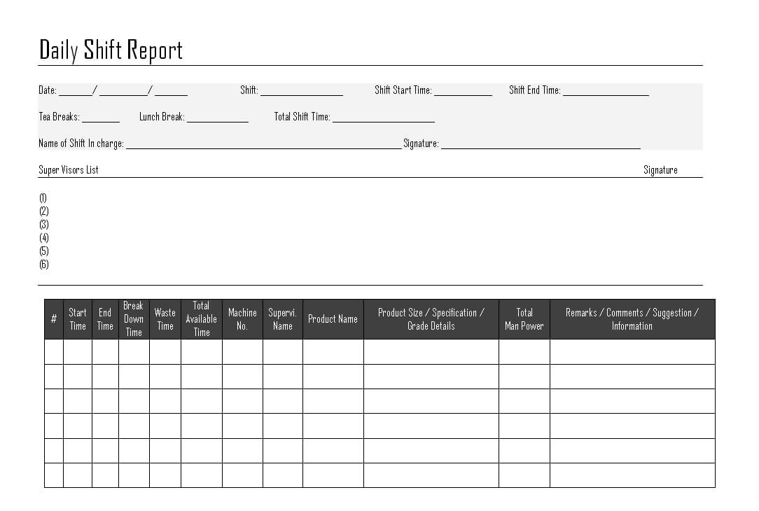 Daily Shift Report – Inside Daily Report Sheet Template