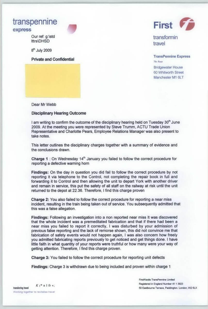 Disciplinary Hearing Outcome Letter - Transpennine Express With Investigation Report Template Disciplinary Hearing