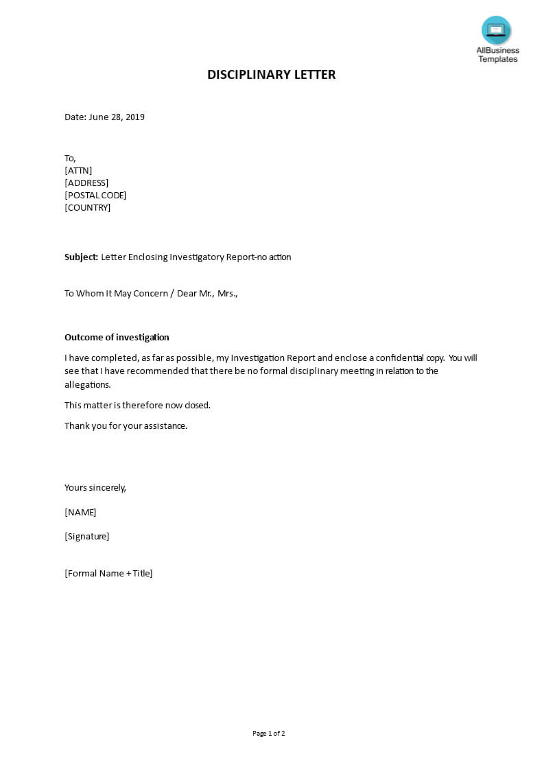 Disciplinary Letter Enclosing Investigatory Report | Templates Throughout Investigation Report Template Disciplinary Hearing