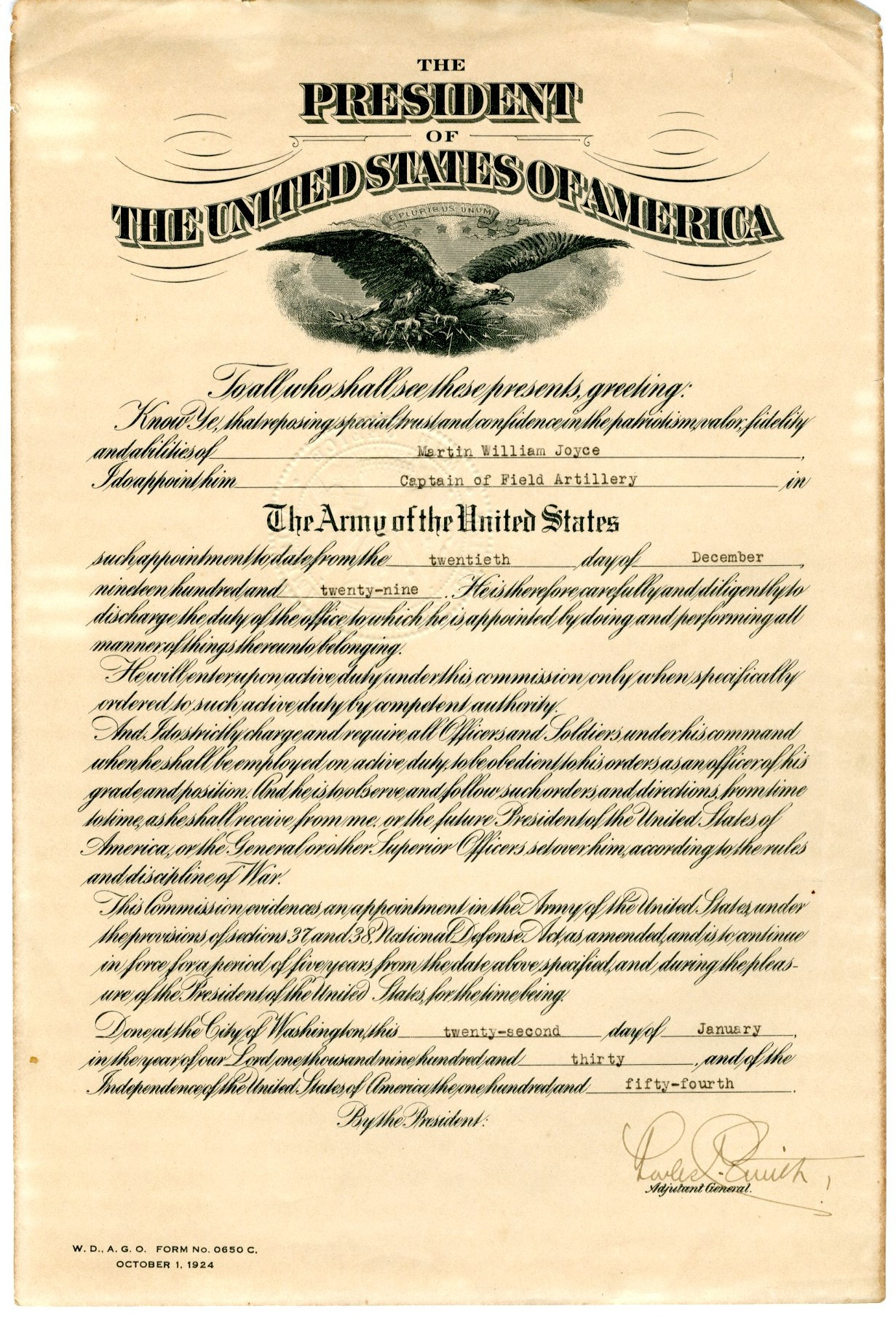 Documents 1 20 – Lt. Col. Martin W. Joyce Papers With Officer Promotion Certificate Template