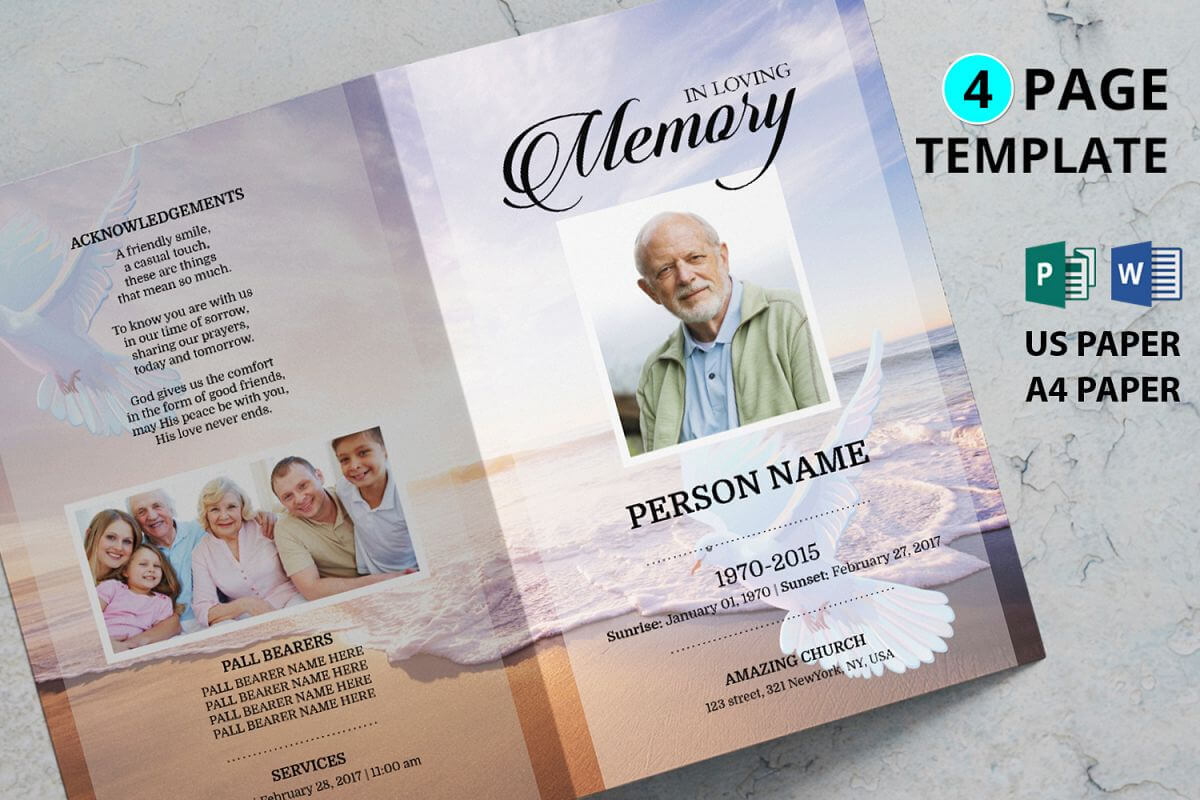 Dove And Beach Funeral Program Template Regarding Memorial Brochure Template
