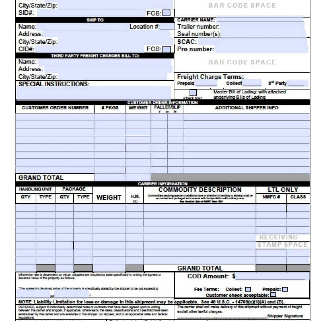 Download Blank Bill Of Lading Forms | Pdf | Word | Excel Throughout Blank Bol Template