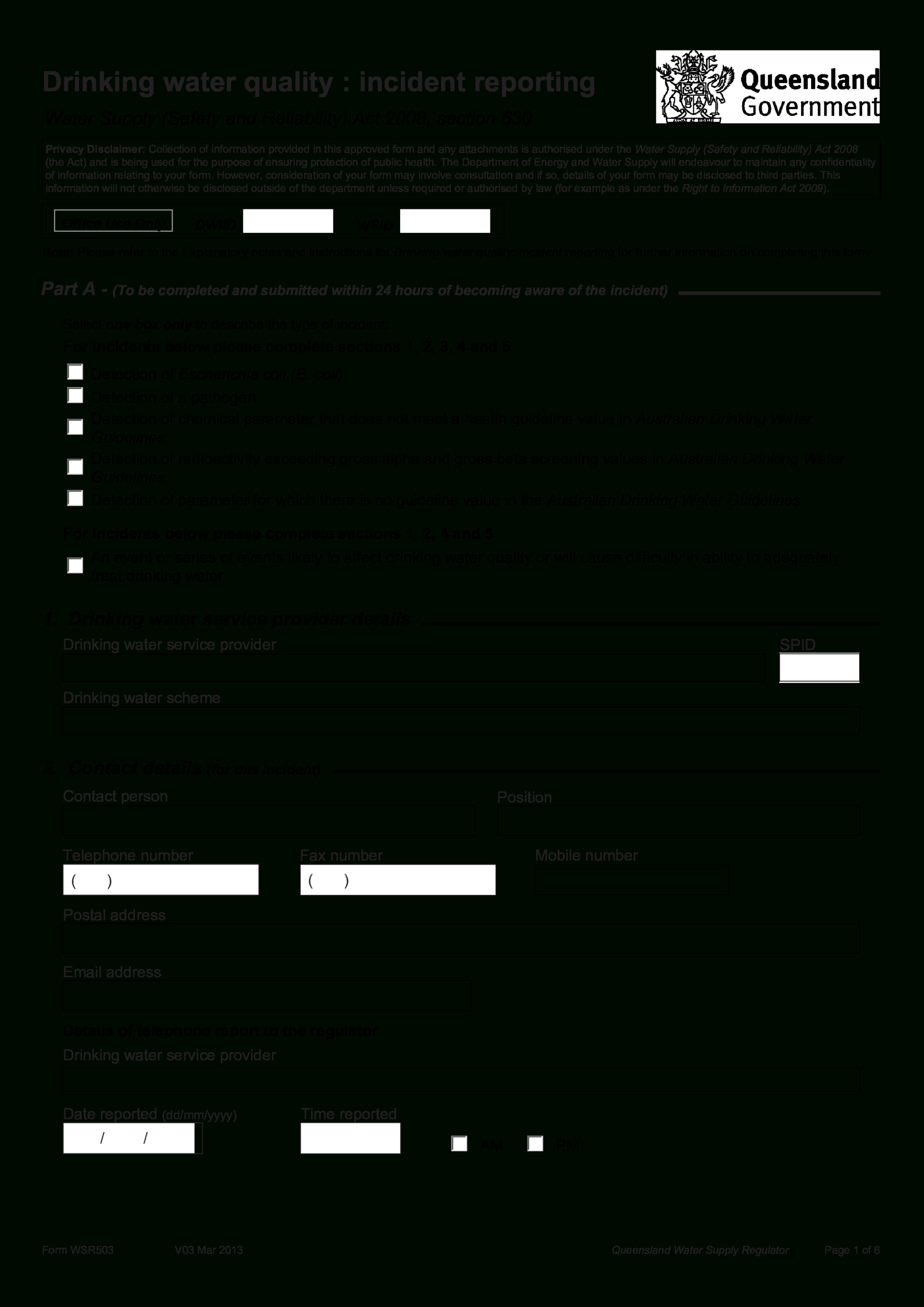 Drinking Water Quality Incident Report | Templates At Inside Reliability Report Template