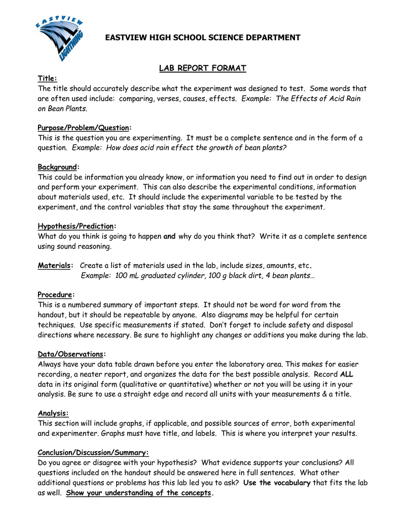 Eastview High School Science Department Lab Report Format Throughout Science Lab Report Template