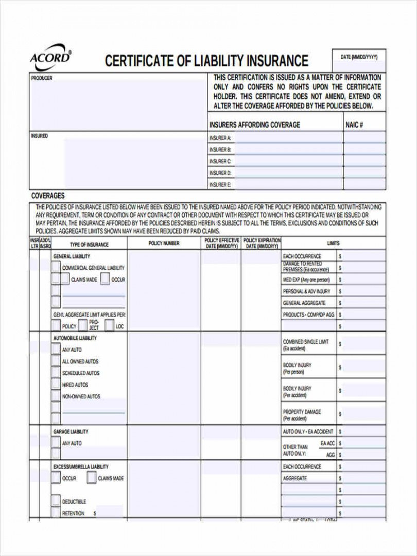 Editable 10 Liability Insurance Form Samples Free Sample Intended For Certificate Of Liability Insurance Template