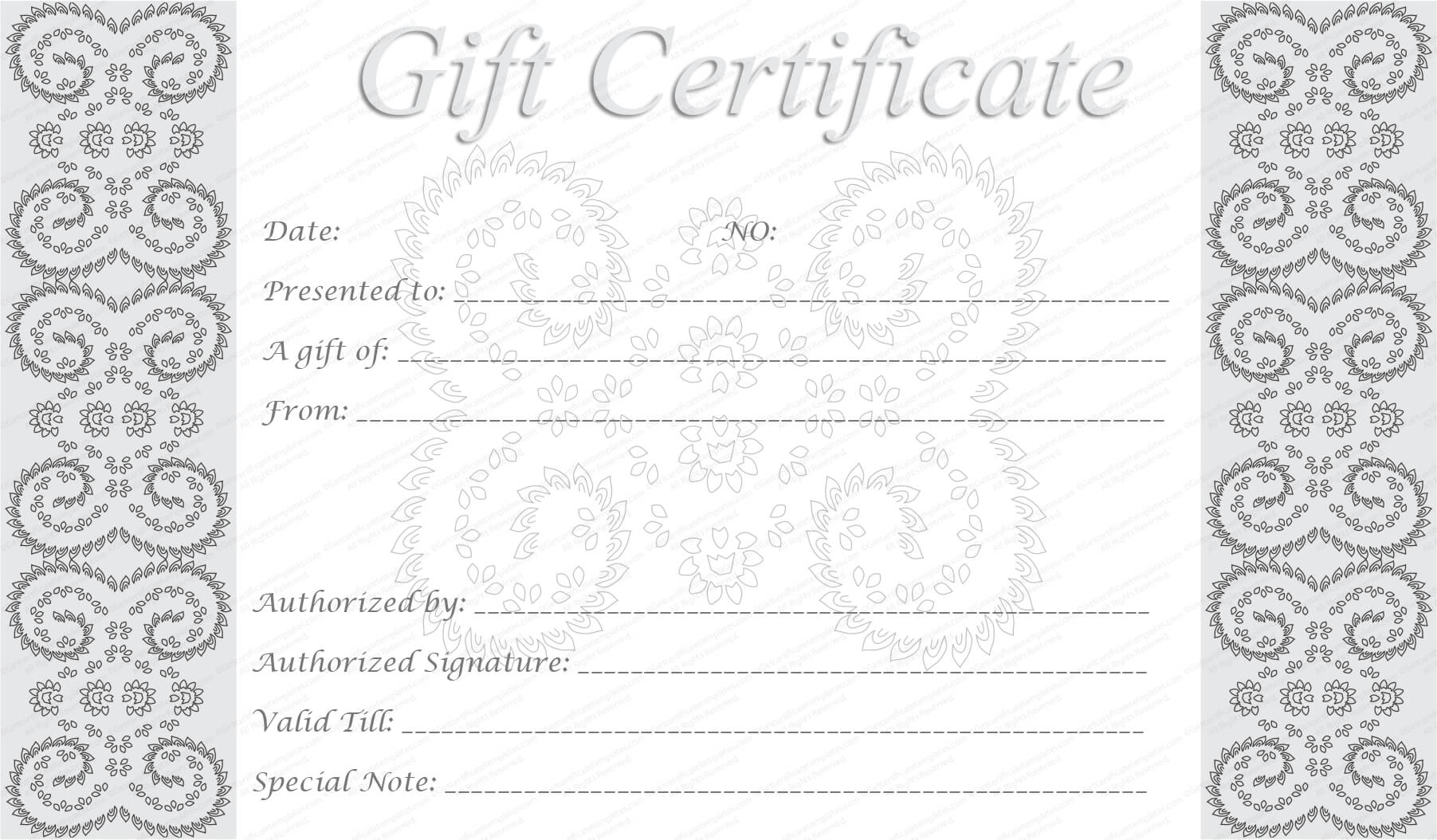 Editable And Printable Silver Swirls Gift Certificate Template With Regard To Microsoft Gift Certificate Template Free Word