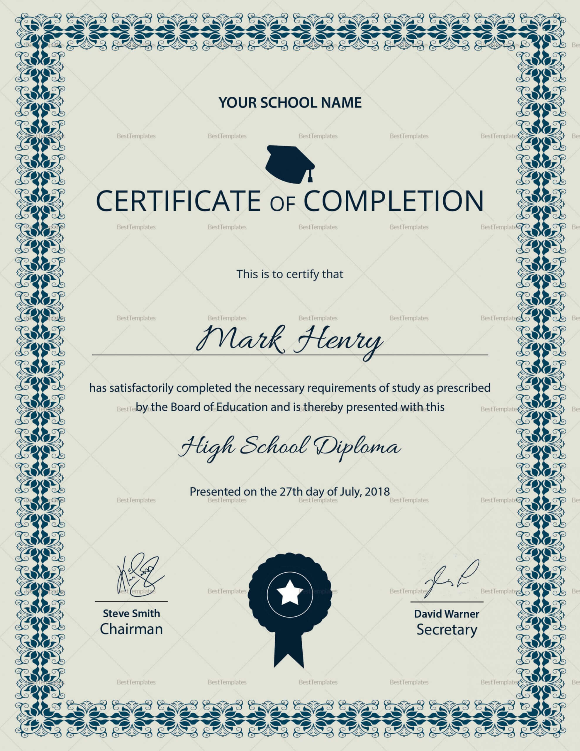 Editable High School Diploma Completion Certificate Design Pertaining To Certificate Templates For School