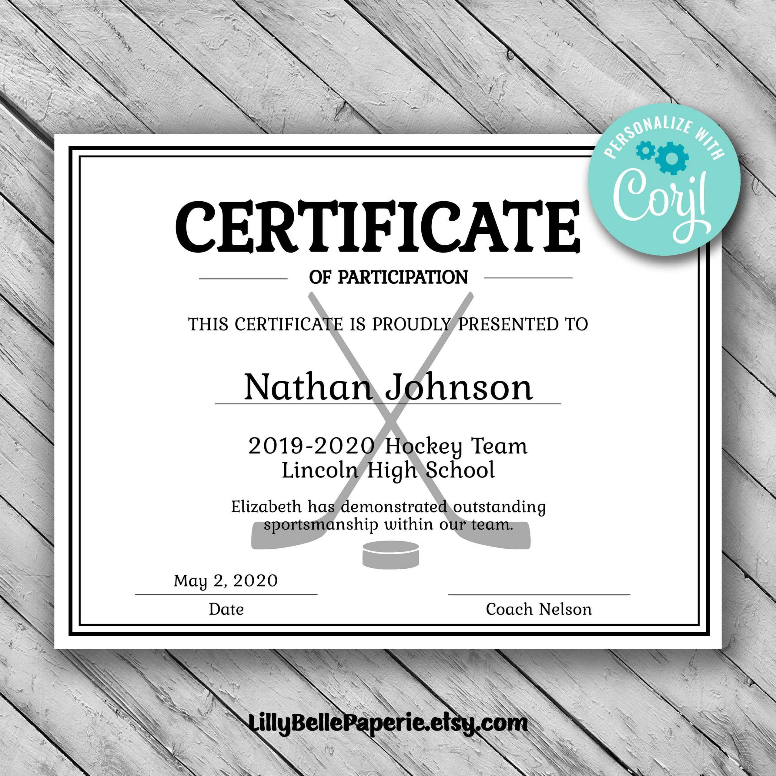 Editable Hockey Sports Team Certificate Template – Printable With Hockey Certificate Templates