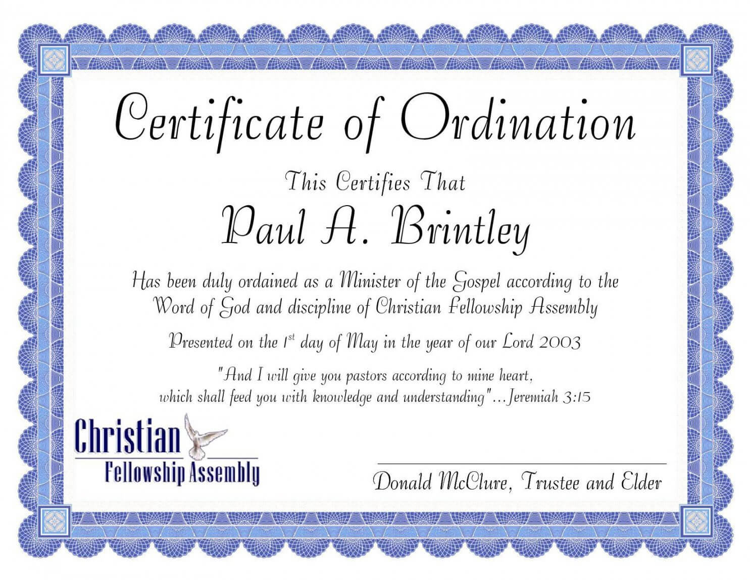 Editable Pastoral Ordination Certificatepatricia Clay For Certificate Of Ordination Template
