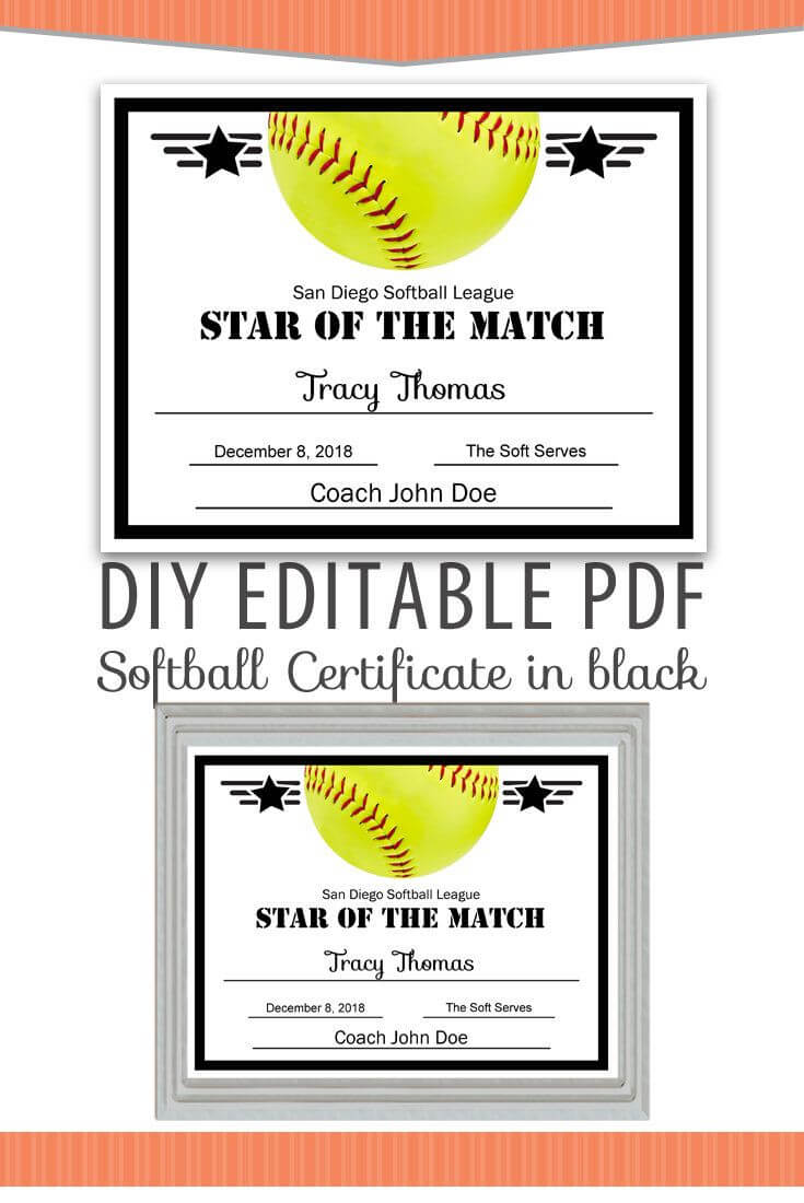 Editable Pdf Sports Team Softball Certificate Diy Award Inside Softball Award Certificate Template