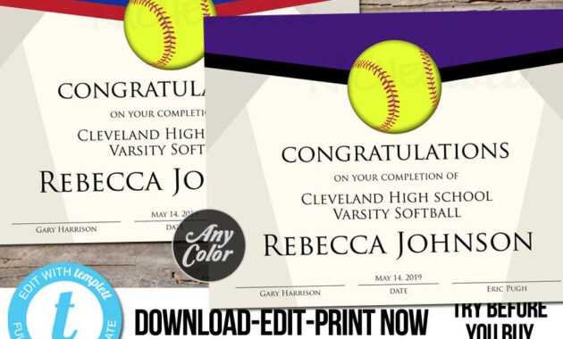 Editable Softball Award Certificate, Custom Printable inside Softball Certificate Templates Free