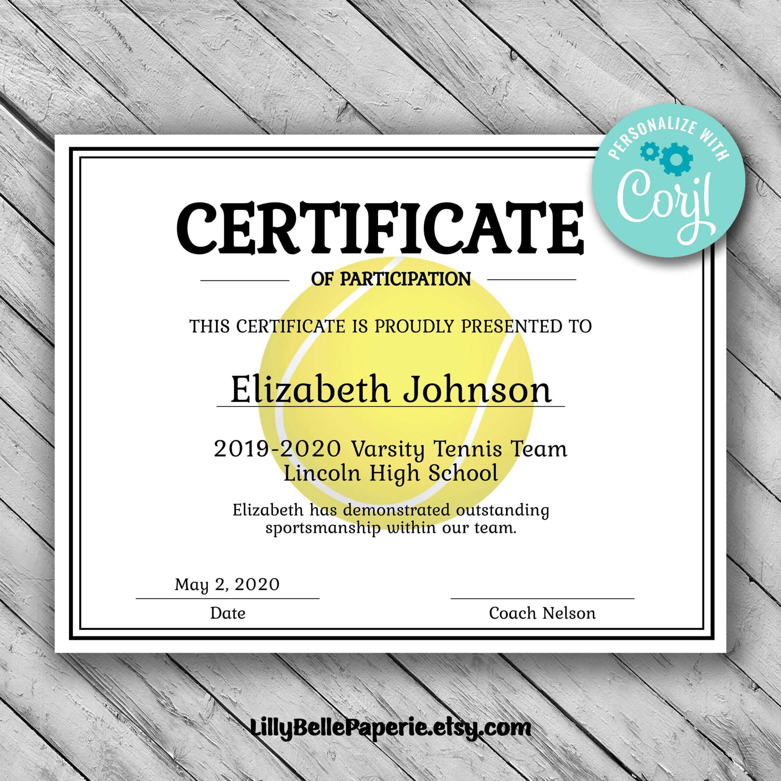 Editable Tennis Certificate Template – Printable Certificate With Regard To Tennis Gift Certificate Template