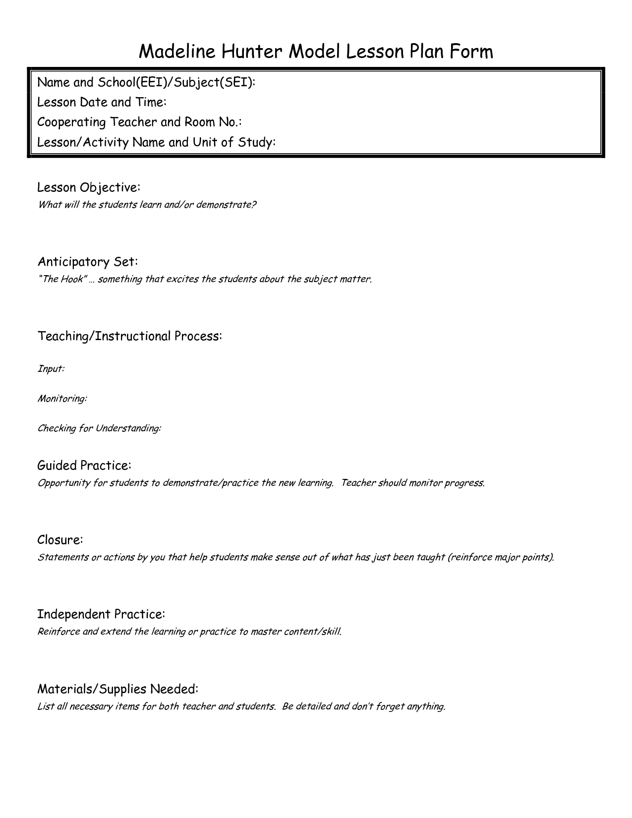 Eei Lesson Plan | Lesson Plan Format, Madeline Hunter Lesson With Regard To Madeline Hunter Lesson Plan Template Blank