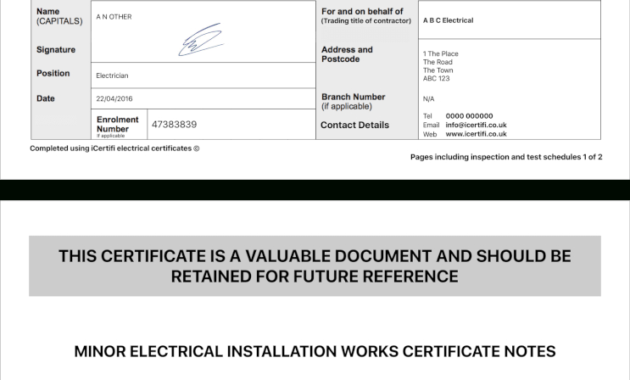 Electrical Certificate - Example Minor Works Certificate in Minor Electrical Installation Works Certificate Template