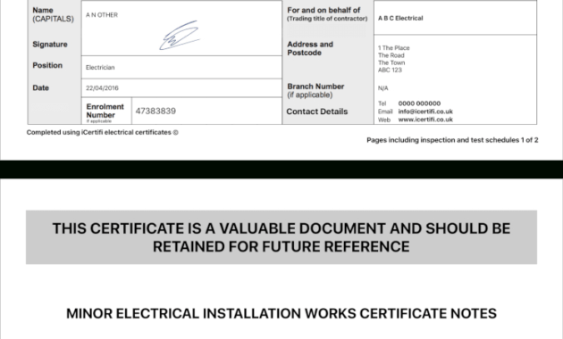 Electrical Certificate - Example Minor Works Certificate throughout Electrical Minor Works Certificate Template