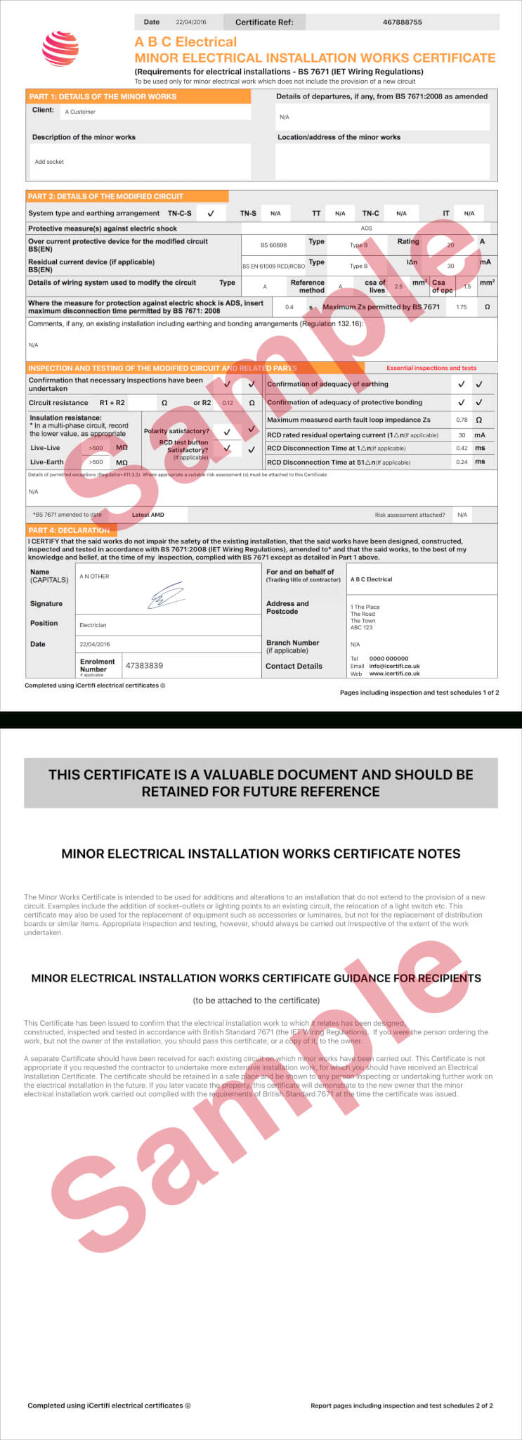 Electrical Certificate – Example Minor Works Certificate With Electrical Installation Test Certificate Template