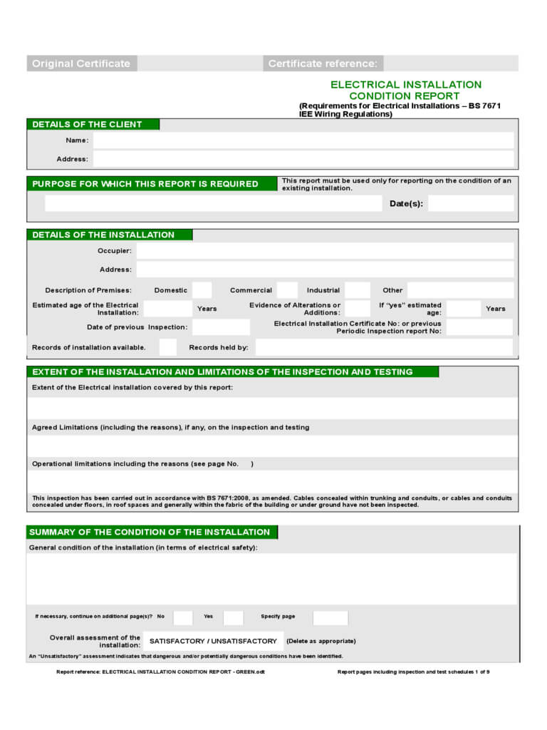 Electrical Installation Condition Report Form – 2 Free In Electrical Installation Test Certificate Template