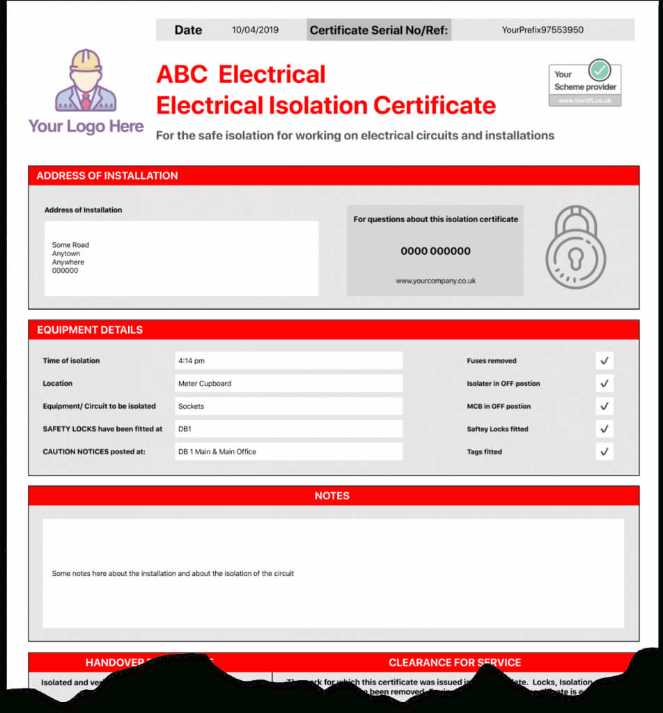 Electrical Isolation Certificate | Send Unlimited For Electrical Installation Test Certificate Template