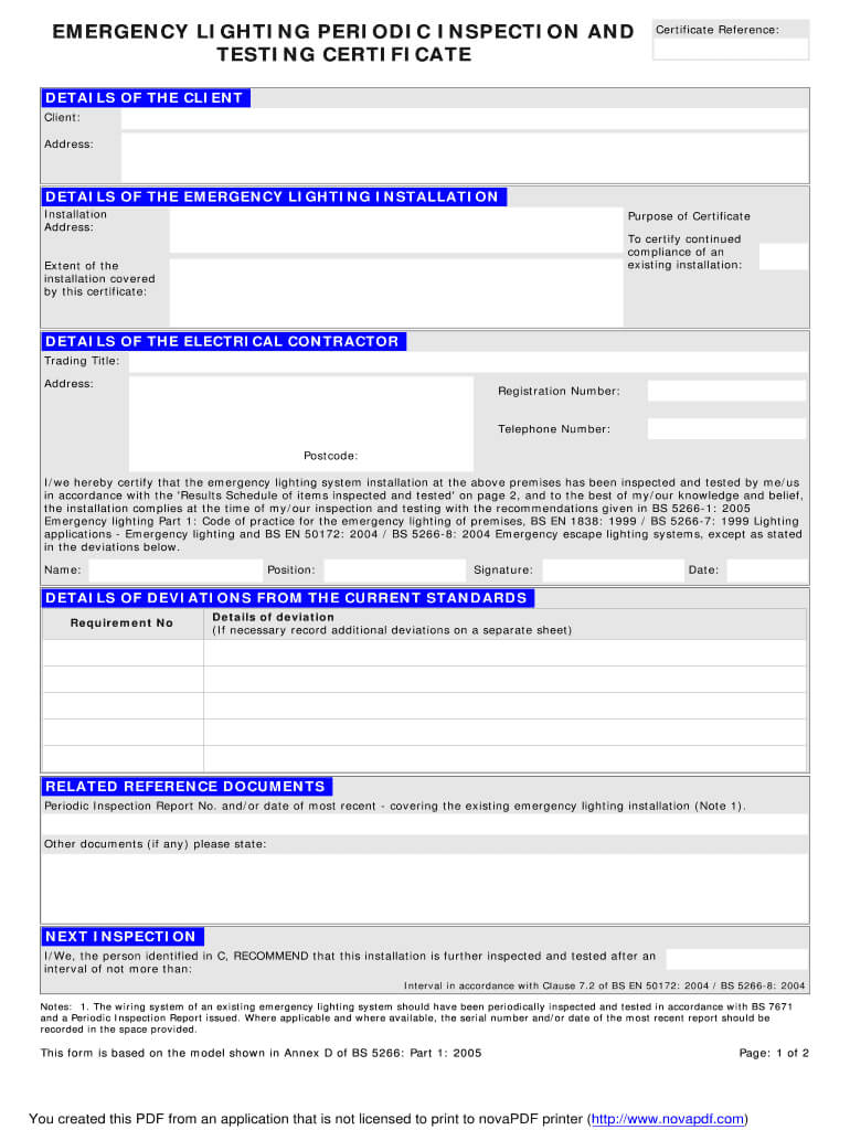 Emergency Lighting Certificate – Fill Online, Printable In Electrical Installation Test Certificate Template