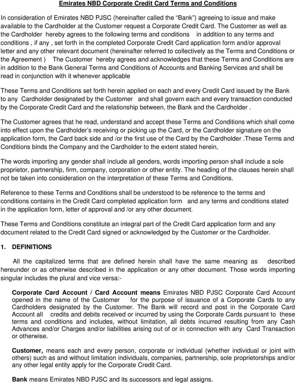 Emirates Nbd Corporate Credit Card Terms And Conditions For Corporate Credit Card Agreement Template