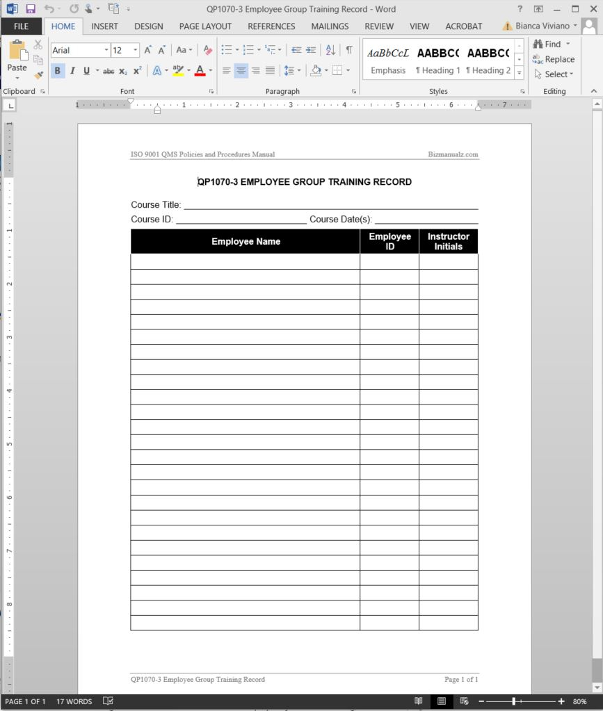 Employee Group Training Record Iso Template | Qp1070 3 Intended For Training Documentation Template Word