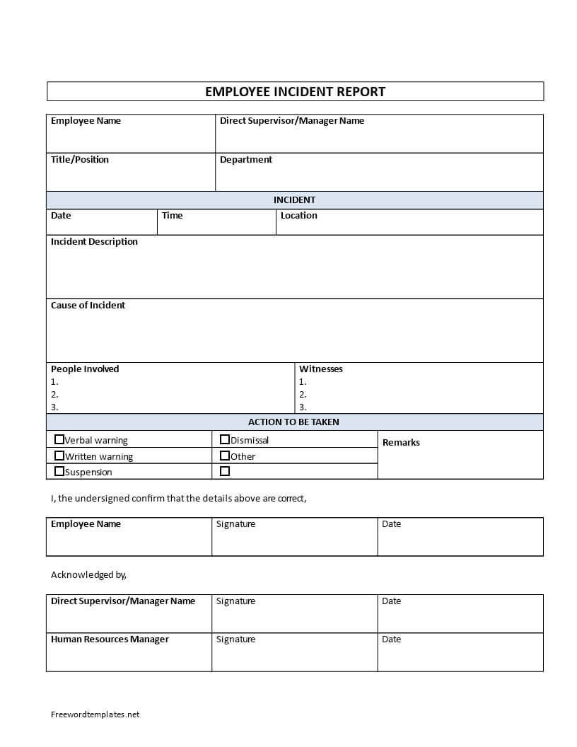 Employee Incident Report Sample | Templates At Regarding Employee Incident Report Templates