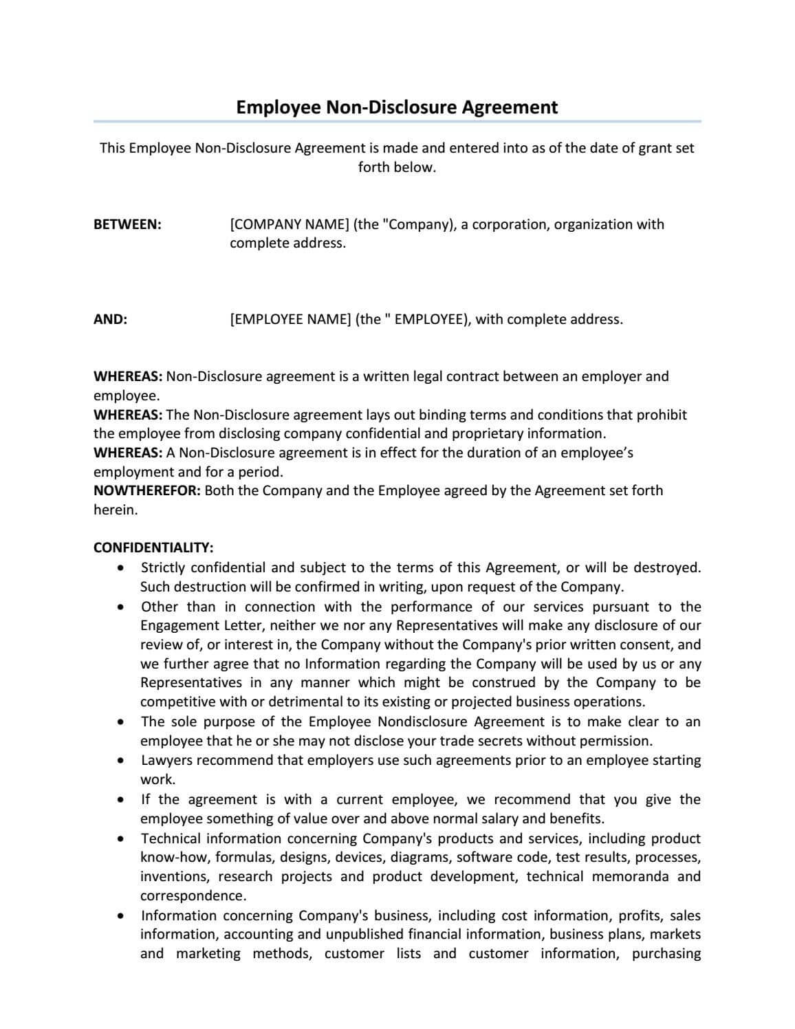 Employee Non Disclosure Agreement | Non Disclosure Agreement In Nda Template Word Document