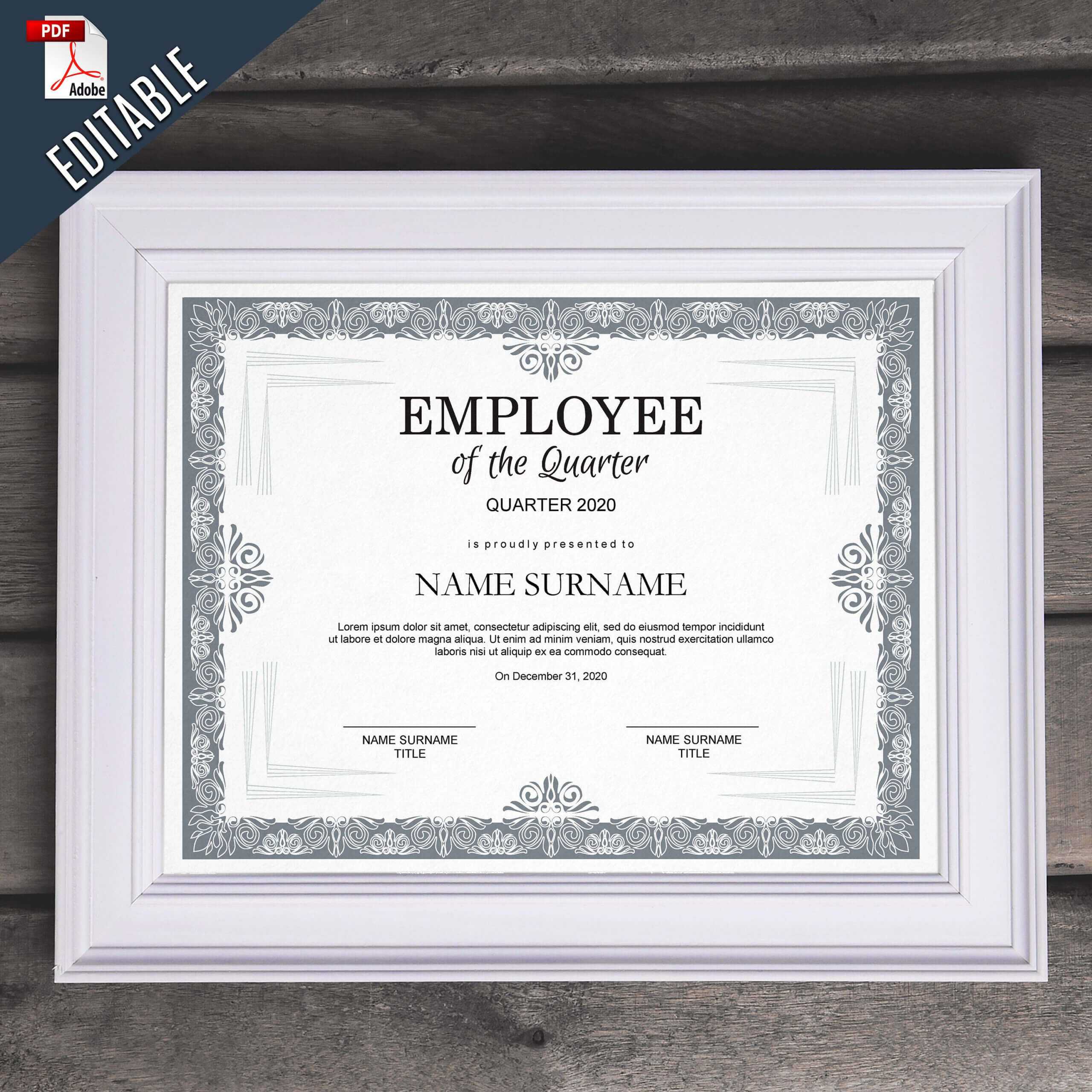 Employee Of The Quarter Editable Template Editable Award In Commemorative Certificate Template