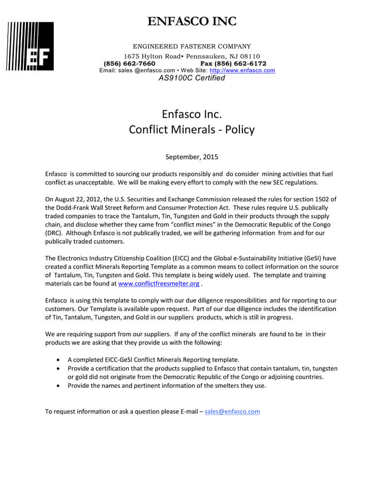Enfasco Inc Enfasco Inc. Conflict Minerals - Policy Intended For Conflict Minerals Reporting Template