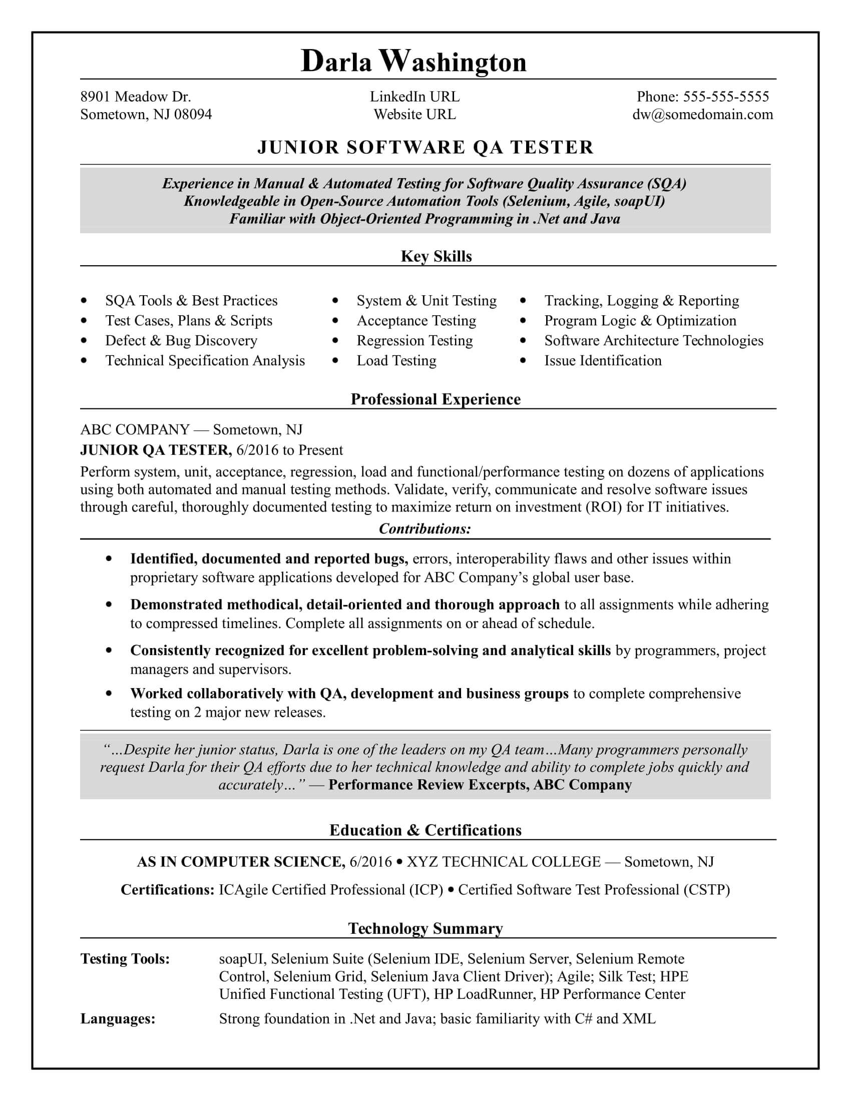 Entry Level Qa Software Tester Resume Sample | Monster Throughout Dr Test Report Template