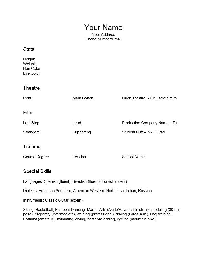 Epub] Resume For Actors Template – 6.6Mb Intended For Theatrical Resume Template Word