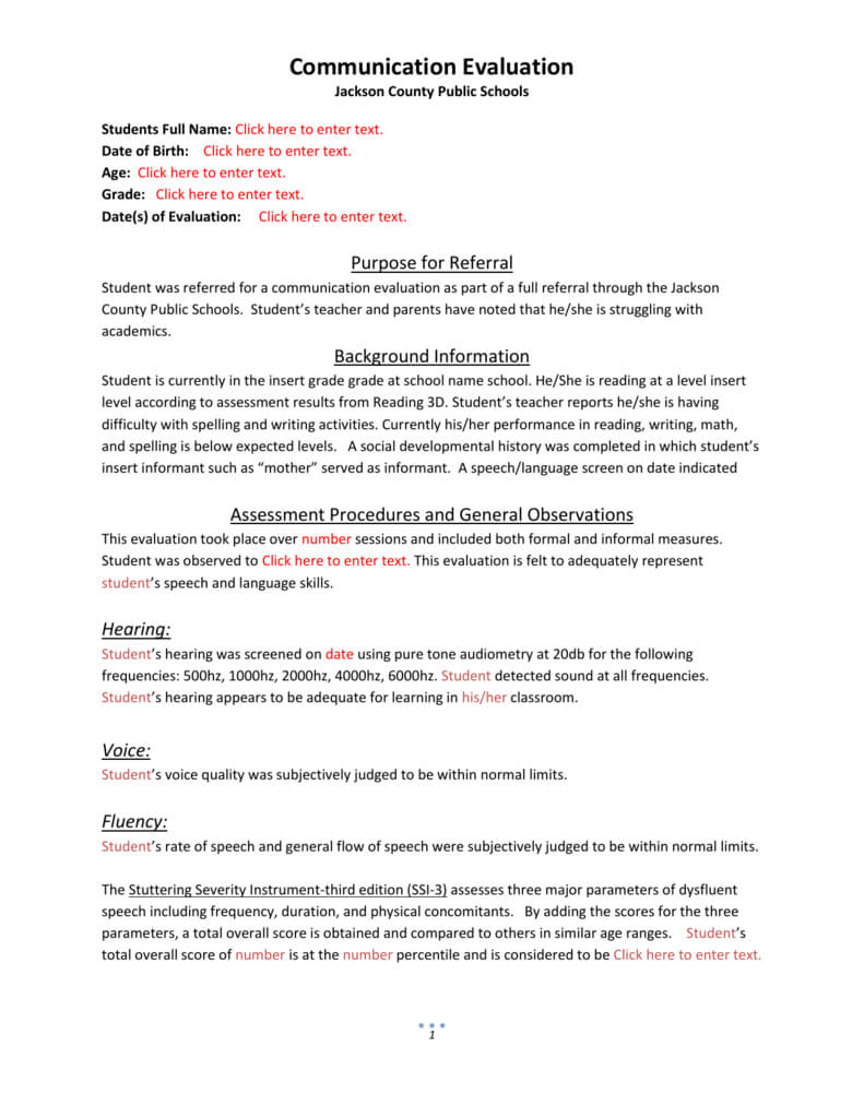 Evaluation Template 4 Inside Speech And Language Report Template
