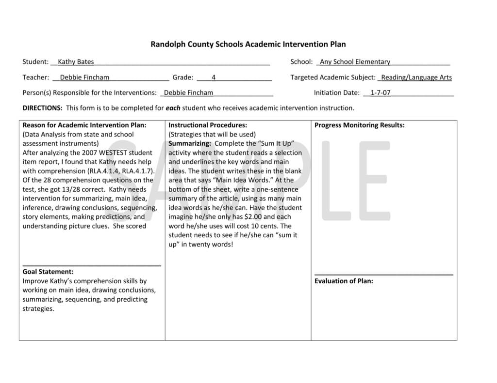 Example Of Academic Intervention Plan For Grades 3 5 Regarding Intervention Report Template