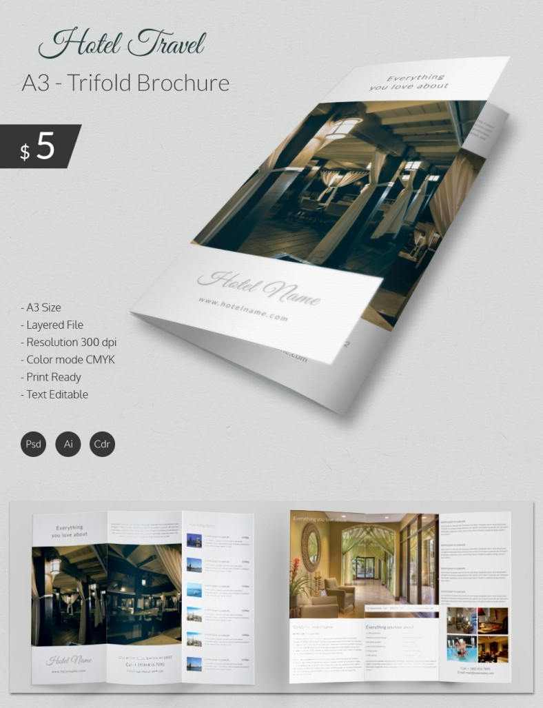 Excellent Hotel & Travel A3 Tri Fold Brochure Template Within Hotel Brochure Design Templates