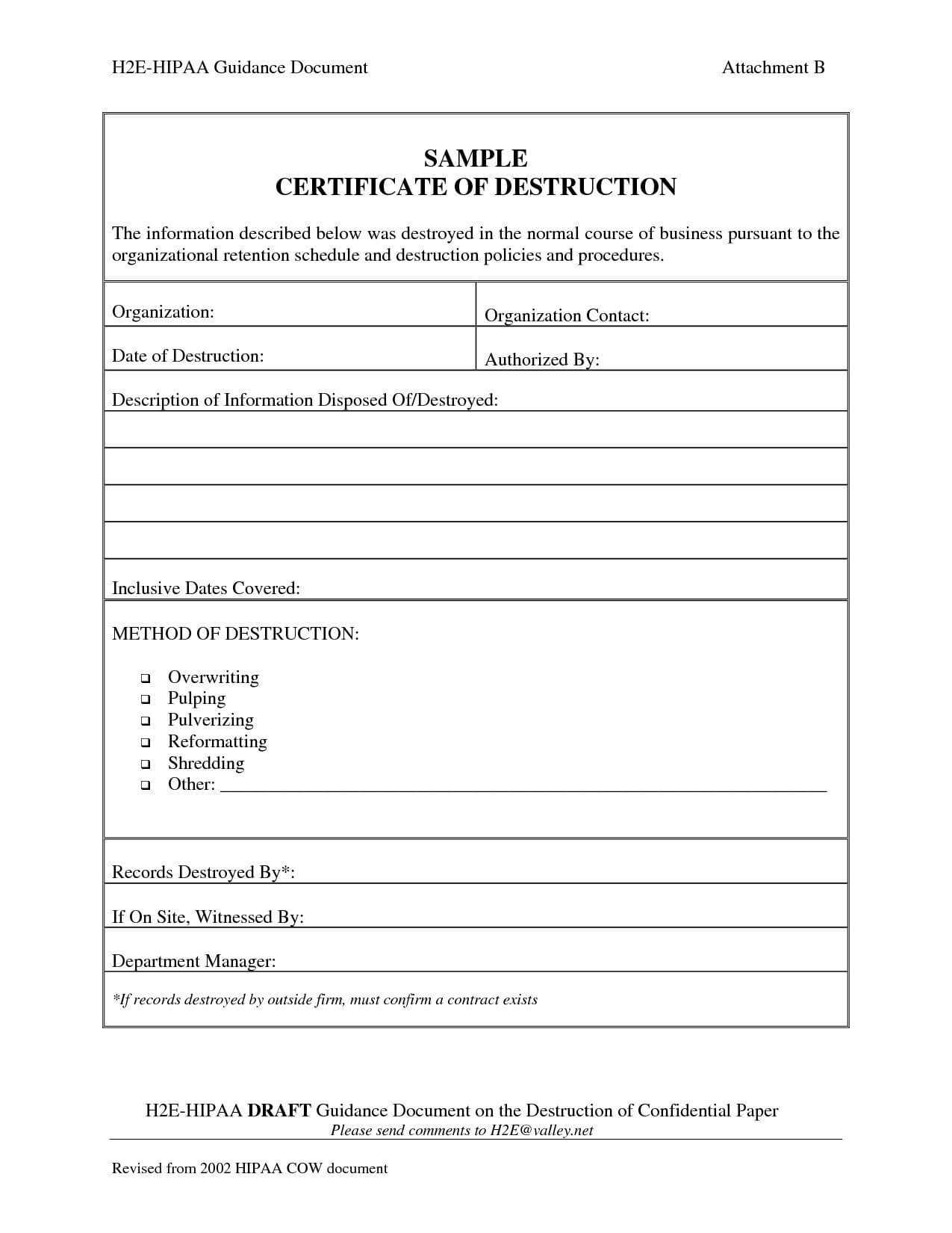 Exceptional Certificate Of Destruction Template Ideas Within Certificate Of Disposal Template