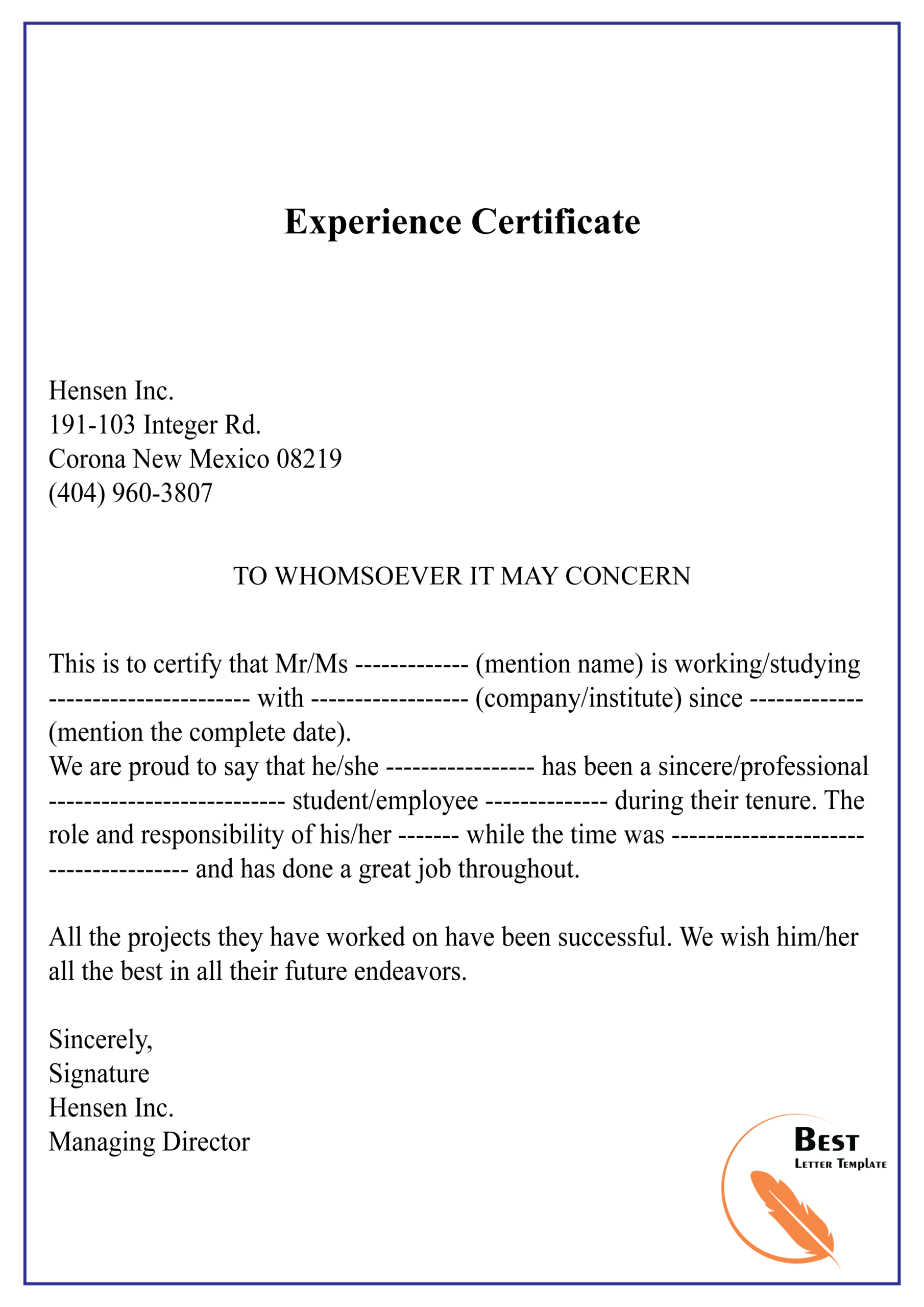 Experience Certificate 01 | Best Letter Template Regarding Template Of Experience Certificate