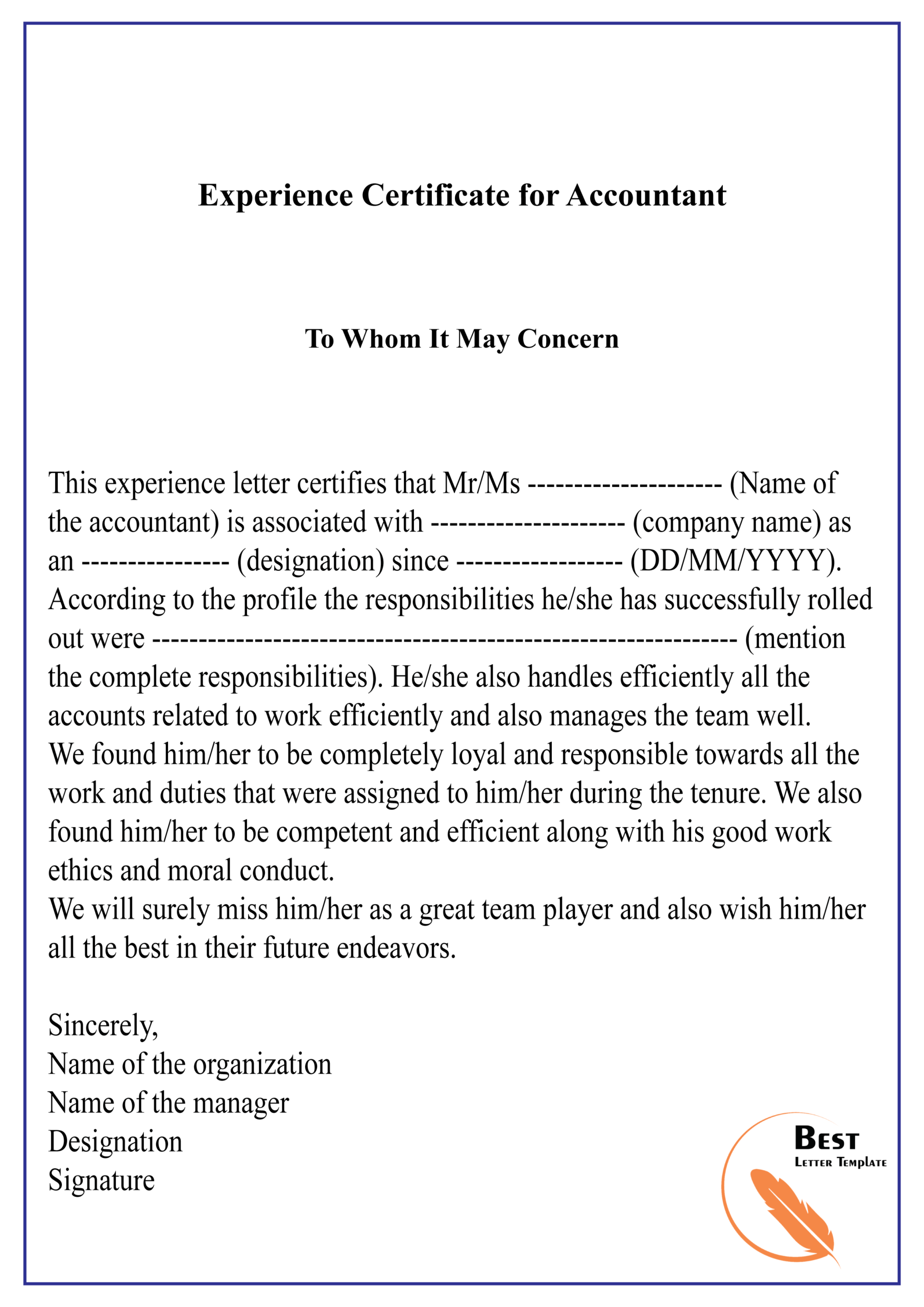 Experience Certificate For Accountant 01 | Best Letter Template Within Certificate Of Experience Template