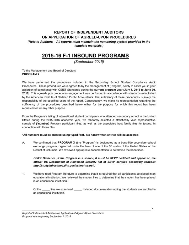 F 1 Compliance Audit Report Regarding Agreed Upon Procedures Report Template