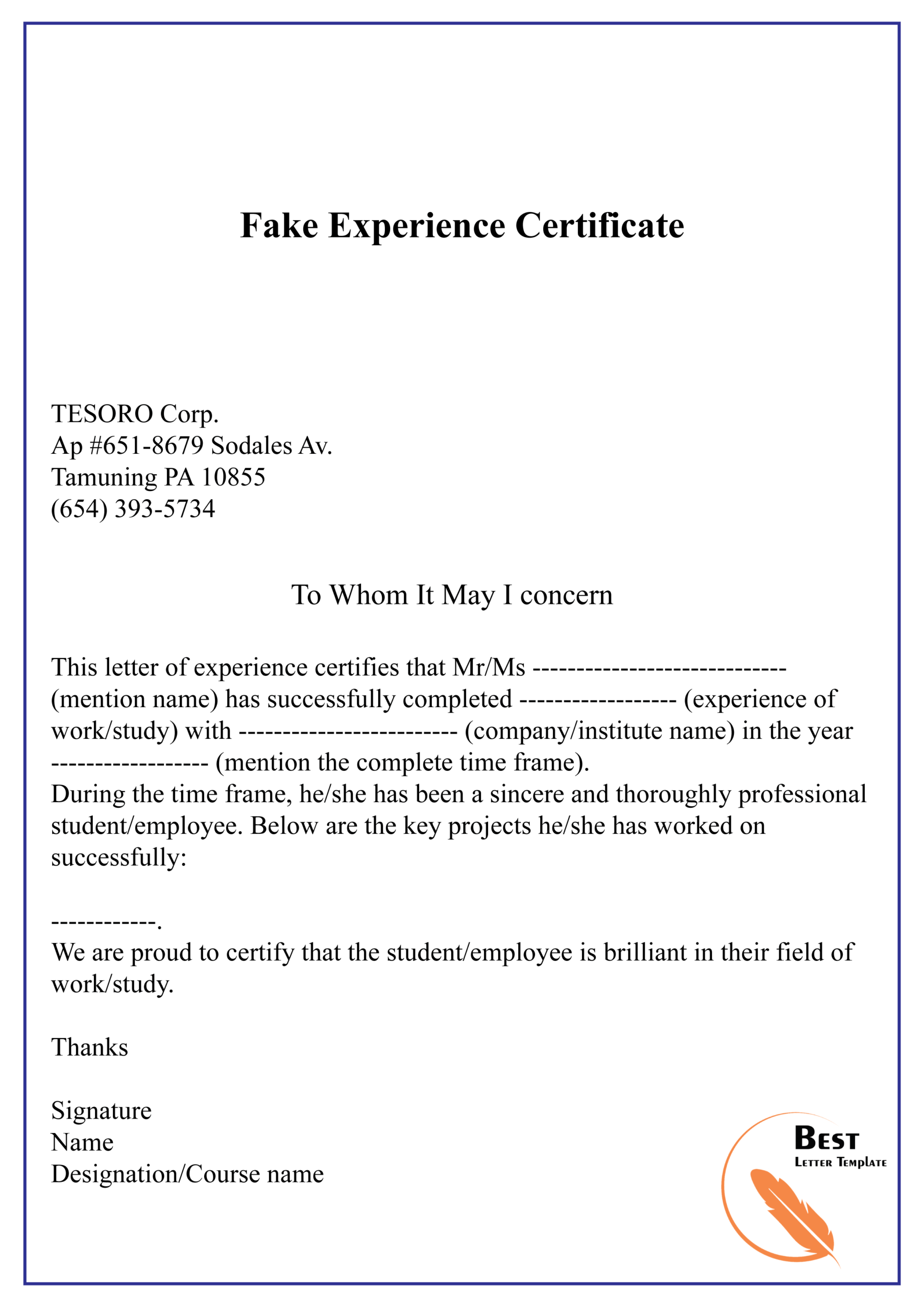 Fake Experience Certificate 01 | Best Letter Template For Certificate Of Experience Template