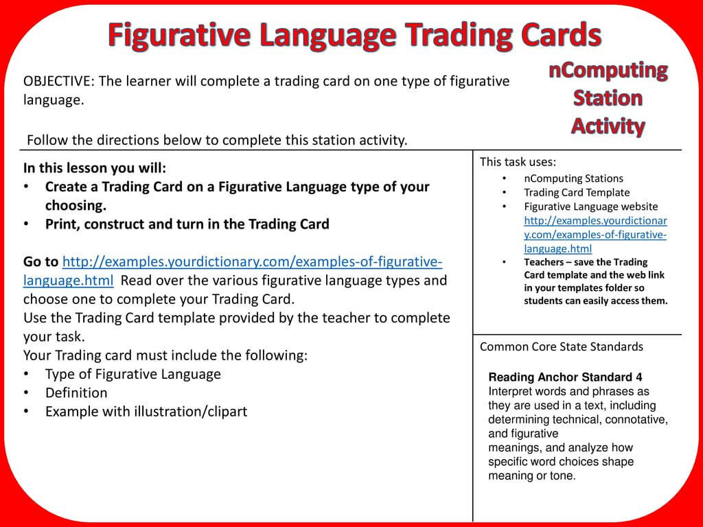Figurative Language Trading Cards – Ppt Download For Trading Card Template Word