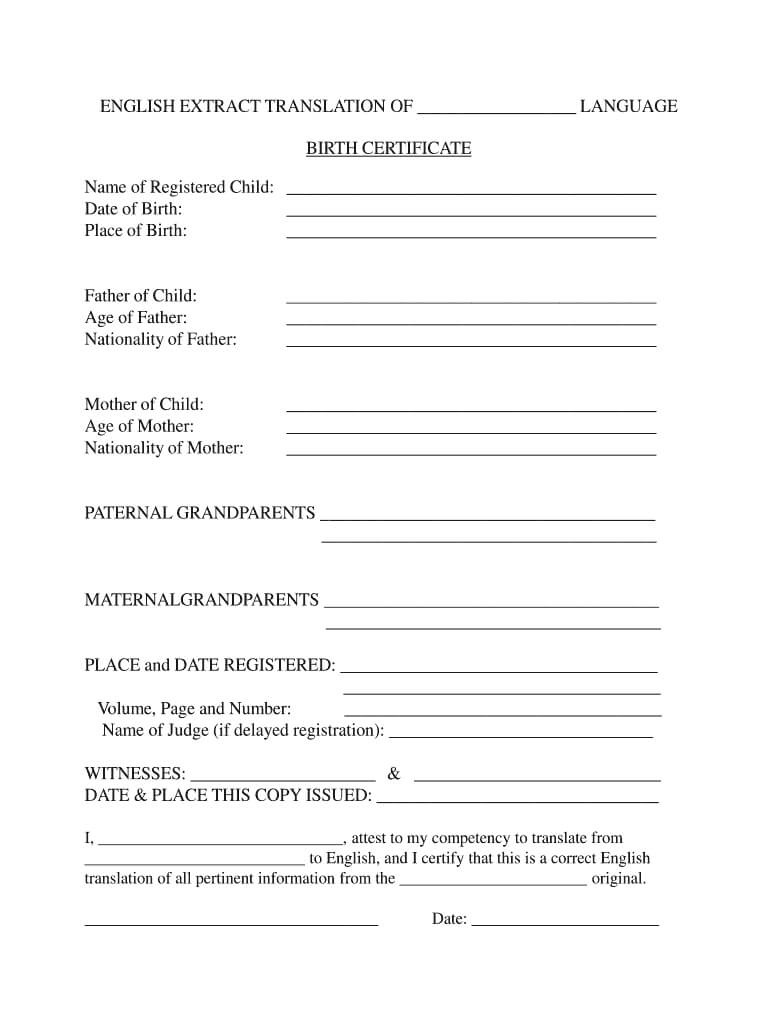 Fillable Birth Certificate Template For Translation - Fill In Spanish To English Birth Certificate Translation Template