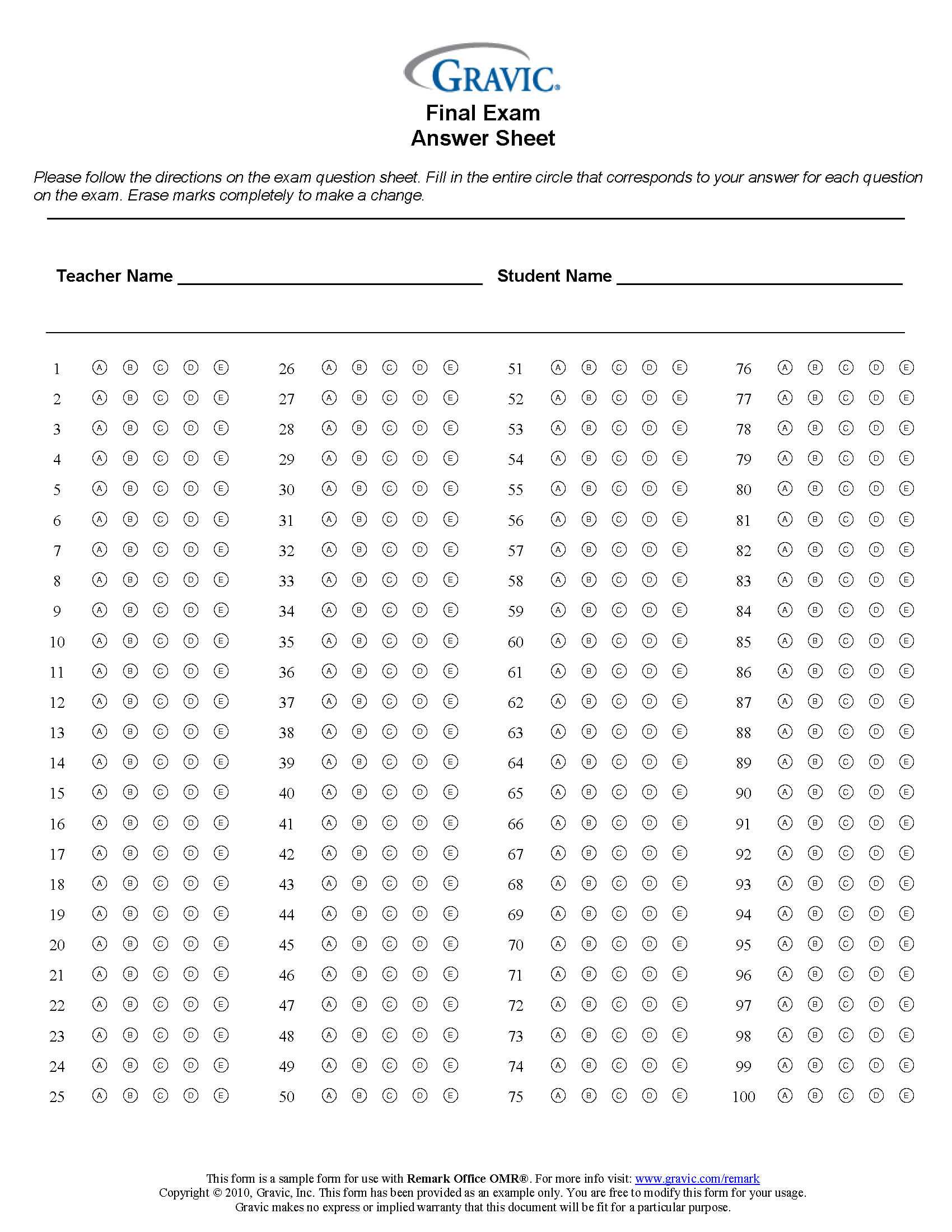 Final Exam 100 Question Test Answer Sheet · Remark Software Intended For Blank Answer Sheet Template 1 100