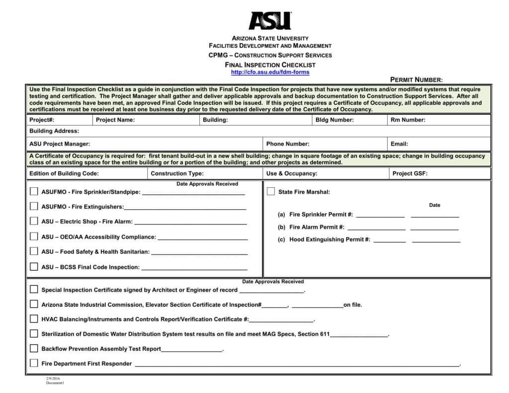 Final Inspection Checklist Regarding Certificate Of Inspection Template