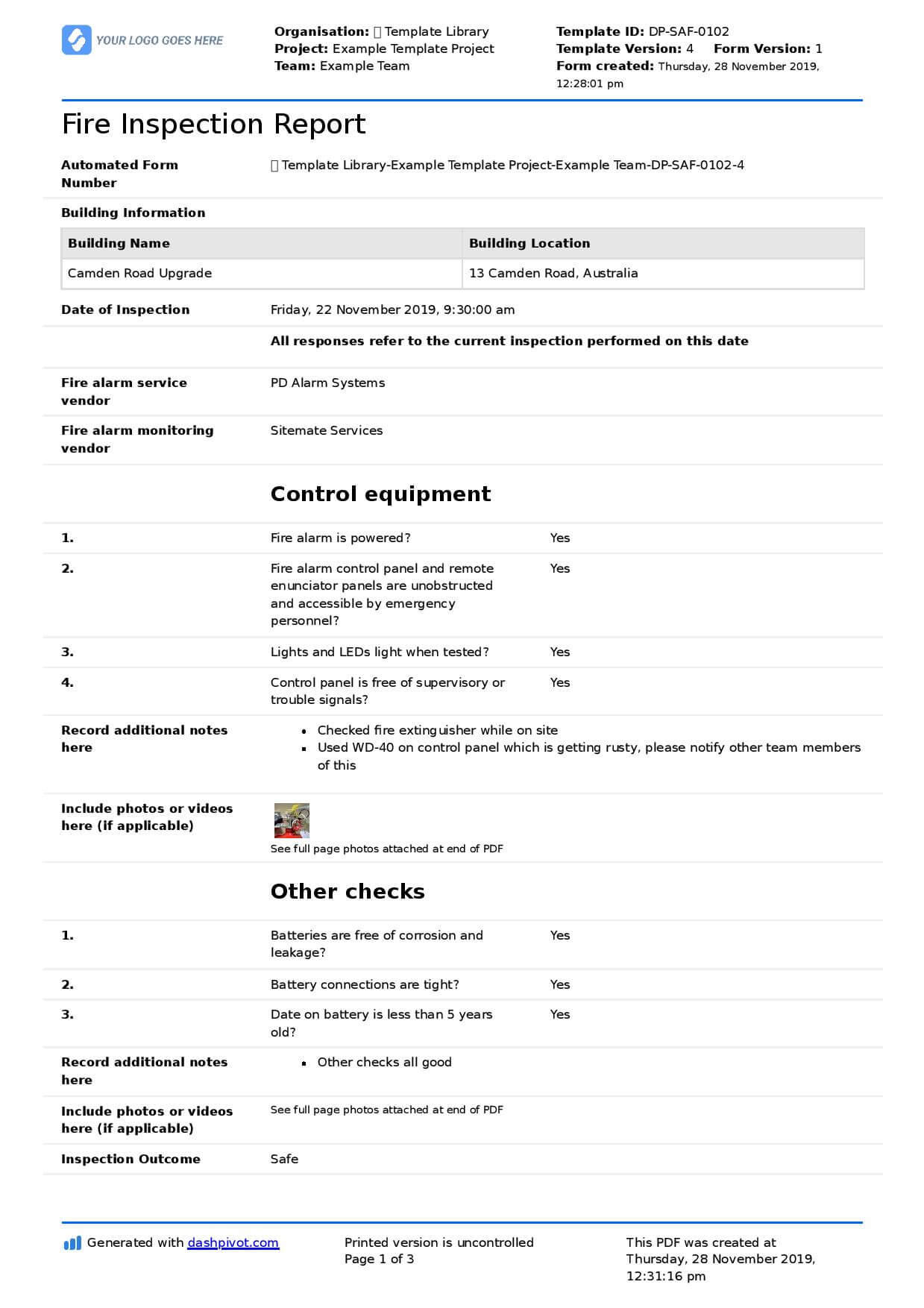 Fire Inspection Report Template (Free And Editable Form With Regard To Part Inspection Report Template