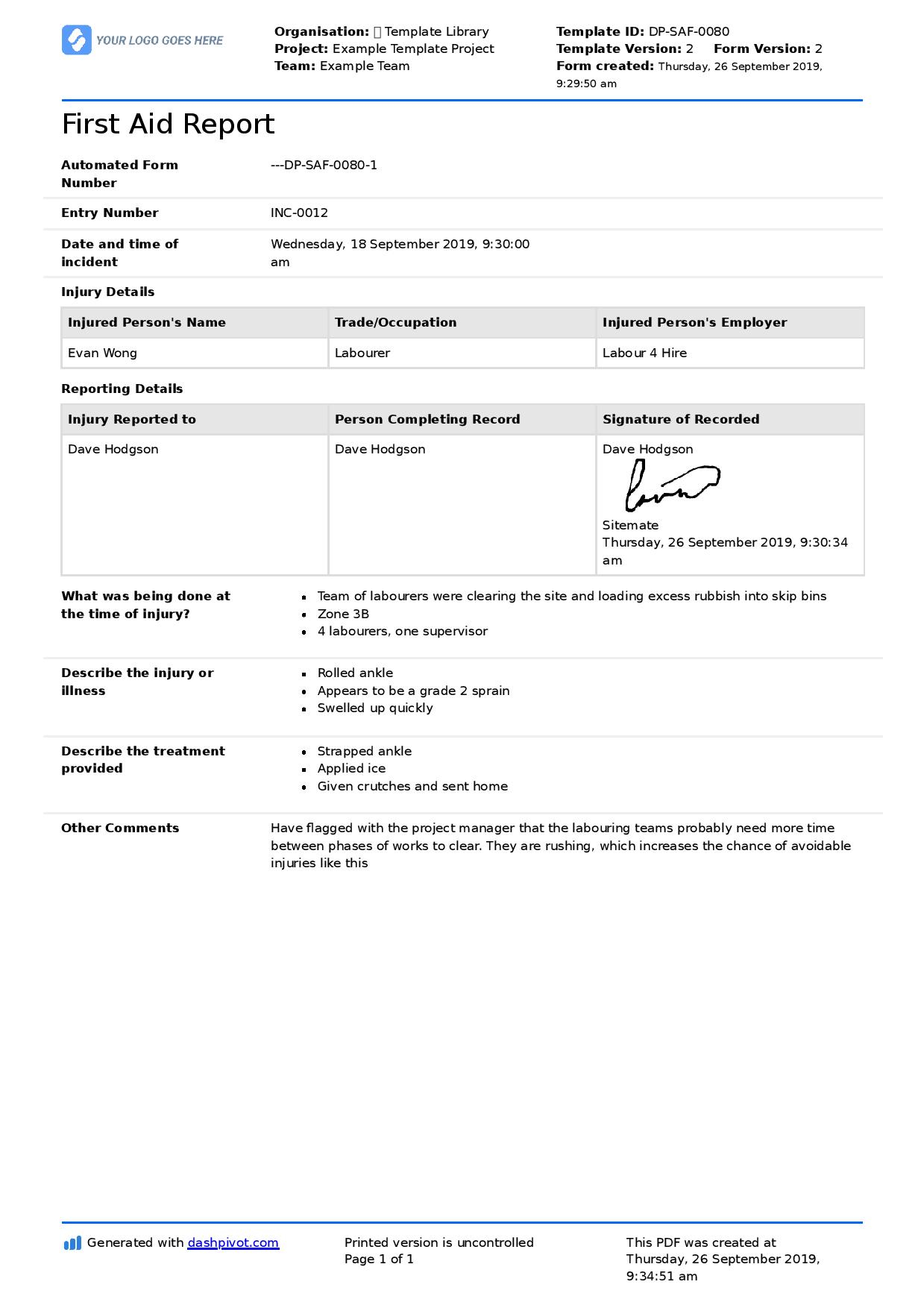 First Aid Report Form Template (Free To Use, Better Than Pdf) With First Aid Incident Report Form Template
