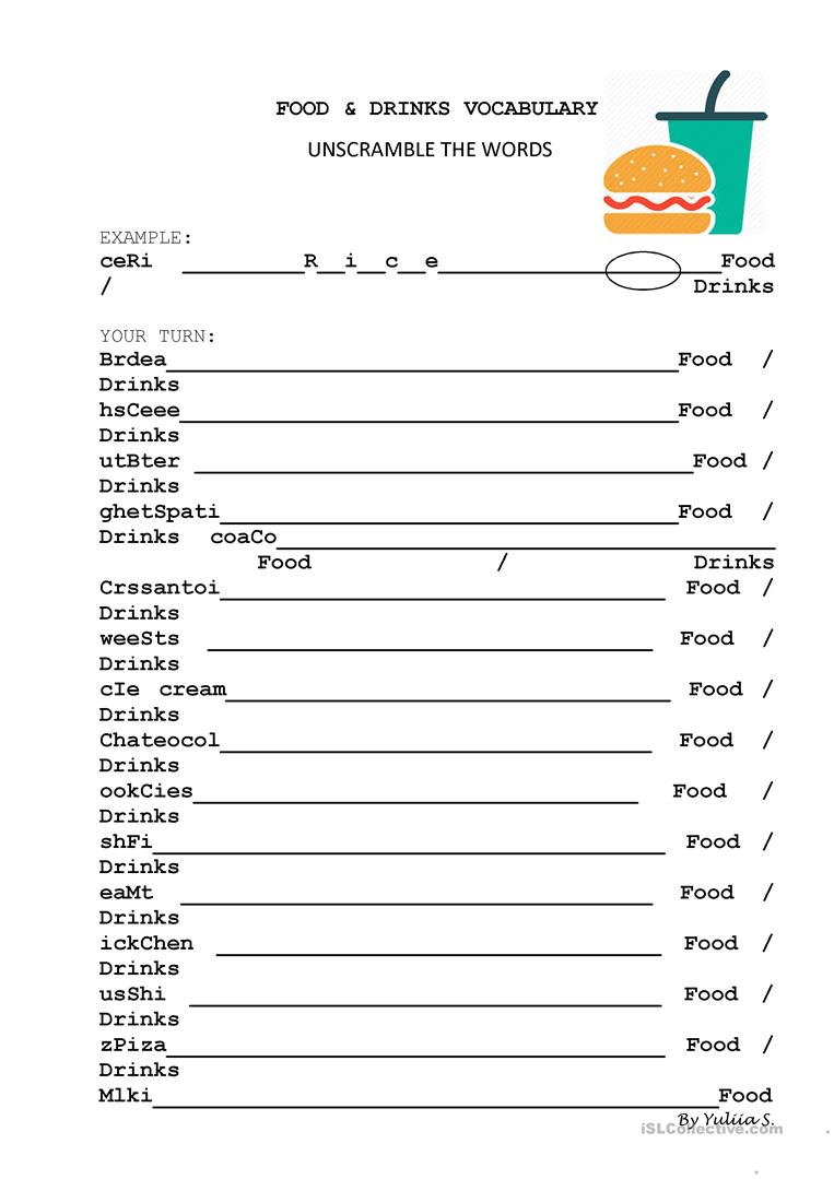 Food And Drinks Vocabulary Unscramble – English Esl Worksheets Throughout Vocabulary Words Worksheet Template