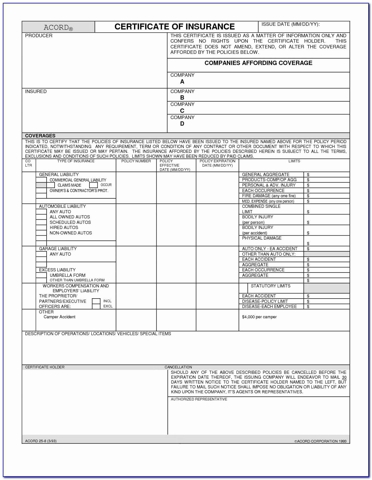 Free Acord 25 Fillable Forms Lovely Insurance Accord Form Intended For Acord Insurance Certificate Template